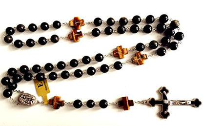 elegantmedical HANDMADE Catholic BLACK 10MM Obsidian BEADS Lourdes Water medal ROSARY CROSS NECKLACE BOX Mens Womens gift