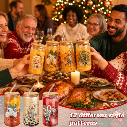 Teenyyou 12 Sets of Christmas Glasses Cups with Bamboo Lid and Glass Straw 16 oz Christmas Stripes Glass Jar Winter Drinking Cups Santa Snowman Elk Coffee Cup for Women Men Xmas Holiday Party Gifts - style: Wood Stripes