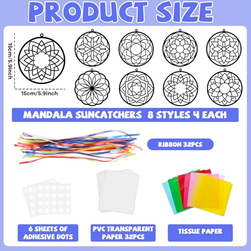 Lonfliness 32 Sets Suncatchers Craft Kit DIY Flower Window Stained Glass Effect Paper Spring Home School Classroom Decoration Art Craft Creative Activity Project Gift Favor - style: Mandala