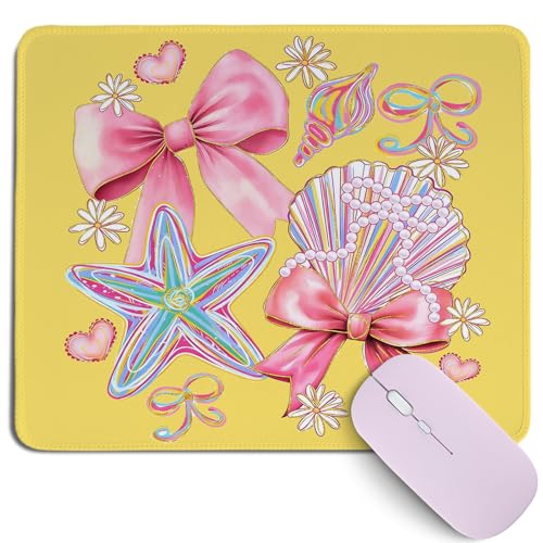 Lemon Yellow Seashell Mouse Pad,Colorful Summer Ocean Desk Mat,Pink Bow & Pearl Funny Beach Desk for Home Office Dorm Desktop Decor,Cute Preppy Beach Coasts Desk Decor for Women,10.2x8.2Inch - color: Bows and Shells