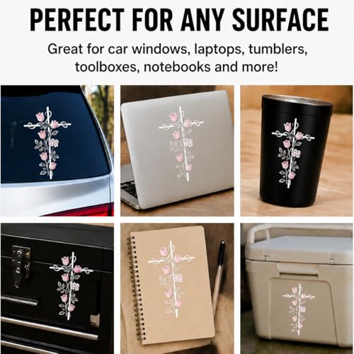 Christian Floral Cross Decal, Pink Flower Religious Vinyl Sticker for Car Window, Waterproof Faith Cross Sticker for Laptop Tumbler Notebook, 6 Inches