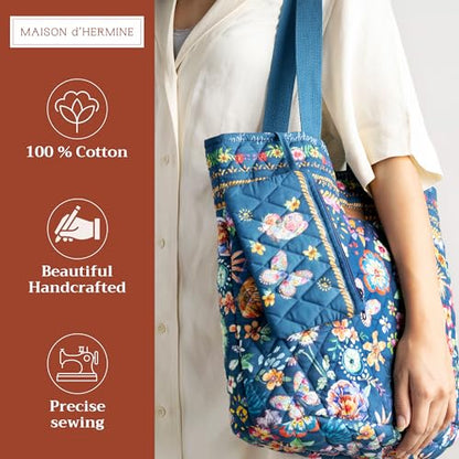 Maison d' Hermine Shopping Bags Cotton Quilted Tote Bag with Zipper Pockets - color: 005 - Happy Florals - Blue