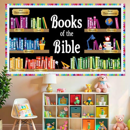 ojustbeok Books of the Bible Learning Bulletin Board Set Faith Religious Christian Back to School Classroom Bulletin Board Bible Learning Bookshelf Cutouts for Home Sunday School Wall Chalkboard Decor - style: Books of the Bible