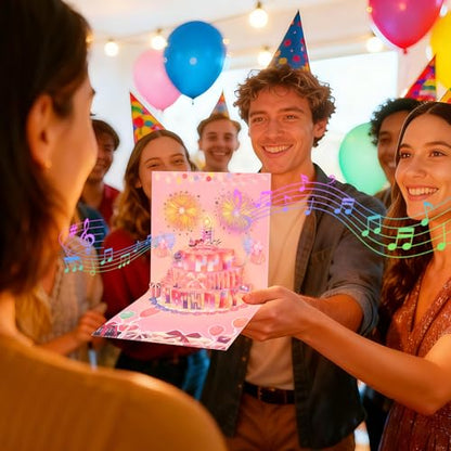 3D pop-up music birthday card - LED Light Cake Greeting Card - color: Cake - Pink