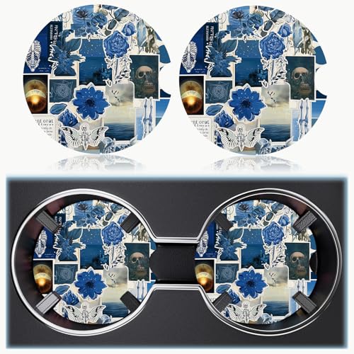 Ceramic Car Cup Holder Coasters Set of 2, 2.56 in Puzzle - color: Blue Puzzle Floral