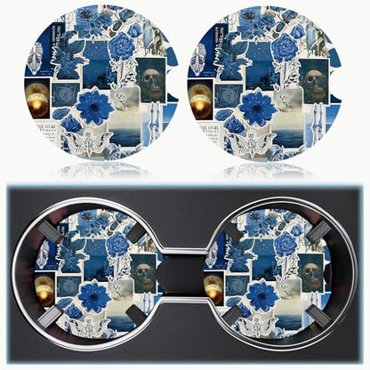Ceramic Car Cup Holder Coasters Set of 2, 2.56 in Puzzle - color: Blue Puzzle Floral