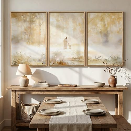 Large Framed Christian 3 Piece Wall Art Jesus Leaves the 99 Sheep, 24X36 in - color: Leaves the 99, size: 24"W x 36"H
