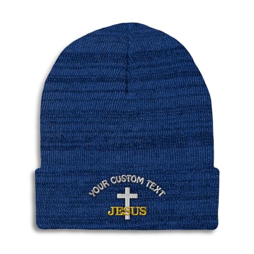 Custom Beanies for Men Christian Cross Jesus Faith Jesus Christ Skull Cap Winter Hats for Women One Size - color: Heather Royal Blue Personalized Text Here