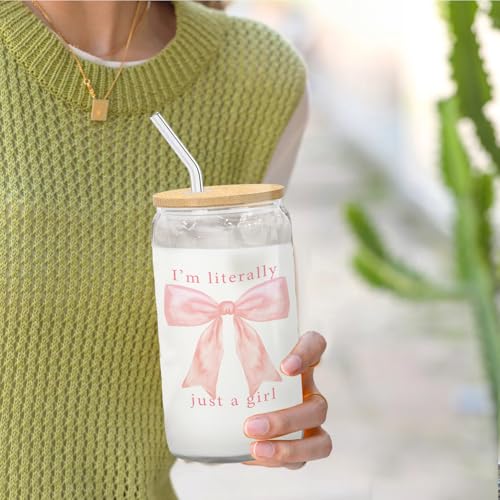 Coquette Pink Bow Girly Aesthetic Glass Cup with Lids and Straws 14oz, I'm Literally Just a Girl Glass Iced Coffee Tumbler Drinking Jars with Cleaning Brush, Girly Gifts for Women - color: Pink Bow4