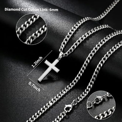 Cross Necklace for Men,6MM Stainless Steel Cuban Link Chain Necklace