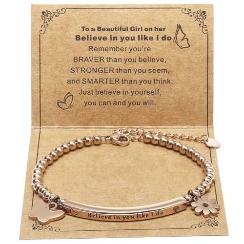 DS Women Christian Charm Bracelet,Cross Scripture Stainless Steel Jewelry - style: Believe in you like i do-Rose Gold
