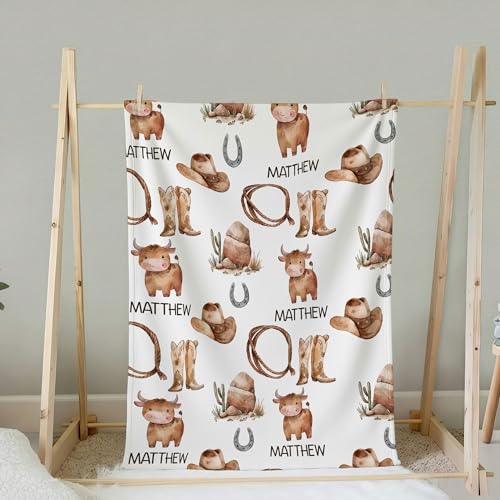 Personalized Western Baby Boy Blanket, Cute Cowboy Riding Pony Pattern, Custom Name Kids Toddler Throw Blanket, Ranch Style Nursery Decor, Toddler Boy Gift - color: Western Baby Boy Blanket