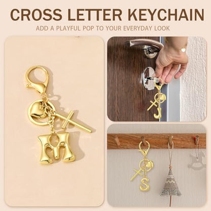 Initial Bag Charms Keychains Women, Cross Cute Heart Letter Key Chain Purse Backpack Handbags Keychain Christian Gift - color: Gold K