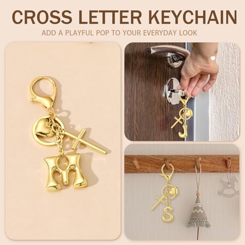 Initial Bag Charms Keychains Women, Cross Cute Heart Letter Key Chain Purse Backpack Handbags Keychain Christian Gift - color: Gold F