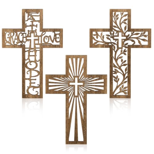 3 Pcs Wooden Cross Wall Decor, 12 Inch Wall Crosses for Christian Home