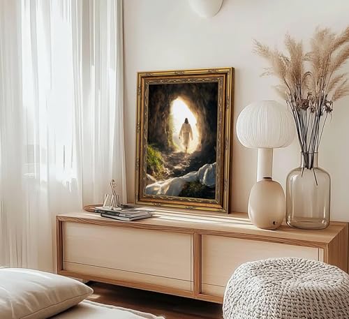 3D Textured Canvas Wall Art Vintage Carved Gold Frame Christian Jesus Resurrection Leaves the Tomb Everything is reviving Relief Poster Print Artwork for Living Room Bedroom Church Home Decor - color: Framed Jesus, size: 24"L x 16"W
