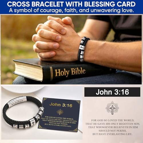 Men's Leather Cross Bracelet - Silver Double Row Braided Leather Cross Bracelet for Men with Inspirational Bible Verse Card, Faith Christian Religious Gift for Husband Son on Baptism Easter Birthday - color: John 3:16
