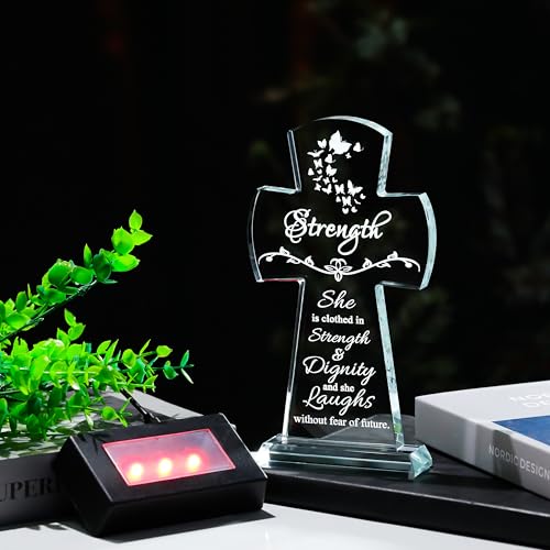 Qianwei Crystal Cross Strength Inspirational Gift - Religious Catholic Baptism Communion Confirmation Gift for Women Sister - color: Cross Strength-led