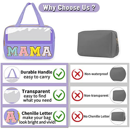 Chenille Letter Clear Makeup Bags Mama Tote, Preppy Patch Makeup Bag Zipper with Handle, Waterproof PVC & Nylon Portable Glitter Large Cosmetic Travel Toiletry Storage Bag for Women Girls(MAMA-Purple) - color: MAMA-Purple