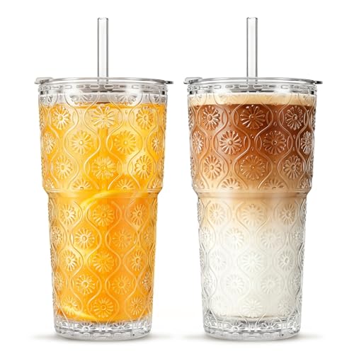INSETLAN 20 oz Iced Coffee Cups with Lids and Straw, Set of 2 Glass Tumbler - size: 2 Pcs