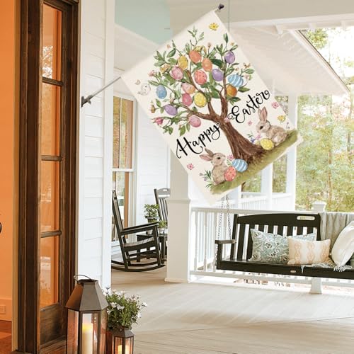 AVOIN colorlife Happy Easter Egg Tree Bunnies House Flag 28x40 Inch - size: House Size-28 x 40"