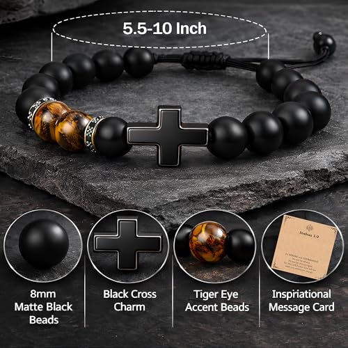 Christian Cross Bracelet Gift for Men Boys Adjustable Beaded Cross Bracelet Religious Jewelry with Message Card for Communion Baptism Confirmation Easter - style: Classic Cross Joshua 1 9