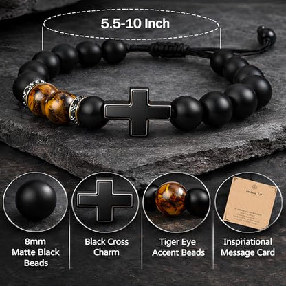 Christian Cross Bracelet Gift for Men Boys Adjustable Beaded Cross Bracelet Religious Jewelry with Message Card for Communion Baptism Confirmation Easter - style: Classic Cross Joshua 1 9