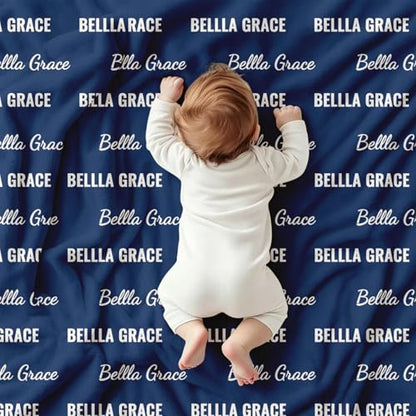 Ships Next Day, Personalized Baby Blanket with Name - Custom Newborn Hospital Swaddle Blanket, Super Soft Plush Flannel Baby Gift for Birth Announcement Shower Easter Gifts for Toddler Kids - color: Navy
