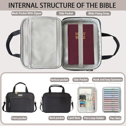 Bible Cover for Women Bible Case, Large Bible Bag, Bible Study Supplies Bible Journaling Kit Book Carrying Case with Bible Highlighters Tabs, Valentines Day Christian Gifts for Women (Black) - color: Black