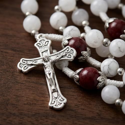 Nazareth Store 8mm White Jade & 10mm Natural Stone Beads Rosary Necklace St. Miraculous Medal & Cross Crucifix Catholic Prayer Beads Religious Jewelry - color: Red Garnet
