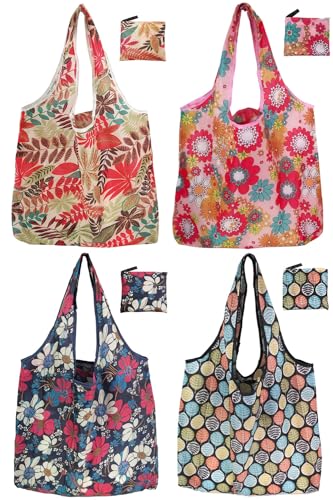 Cute Reusable Grocery Bag, 4 Pack 50Lbs compact Foldable shopping bag - color: Flower & Leaves 4 Pack