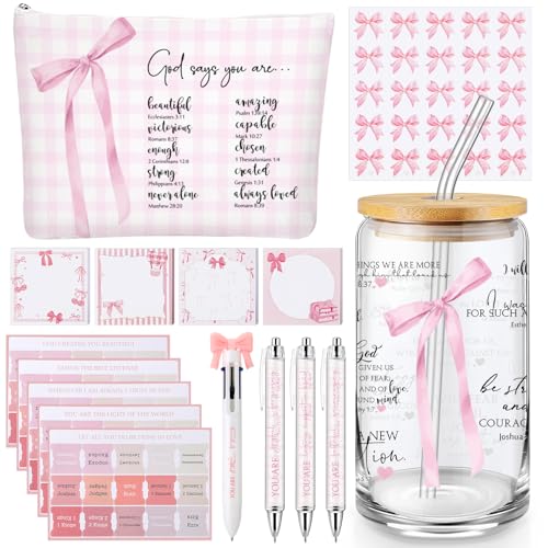 Watersay 64 Pcs Coquette Pink Bow Gift for Women Christian Pink Bow Birthday Gifts Baskets 16 oz Tumblers Preppy Makeup Bag Multicolor Ballpoint Pen Sticky Notes Stickers for Her Friends Sisters - style: Pink Bow