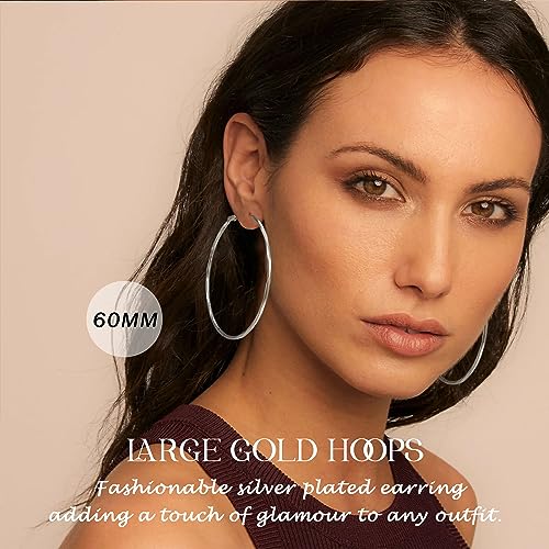 2MM Thin Gold Hoop Earrings Sterling Silver Post Hoop Earrings For Women Diamond-Cut Gold Hoops Earrings 14K Gold Plated Hoops Earrings Lightweight Hypoallergenic Oversize Gold Earrings For Women - color: Silver-60MM