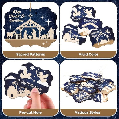 Soaoo 60 Pcs Christmas Nativity Scene Ornaments Bulk Wooden Decor, Square - style: Square