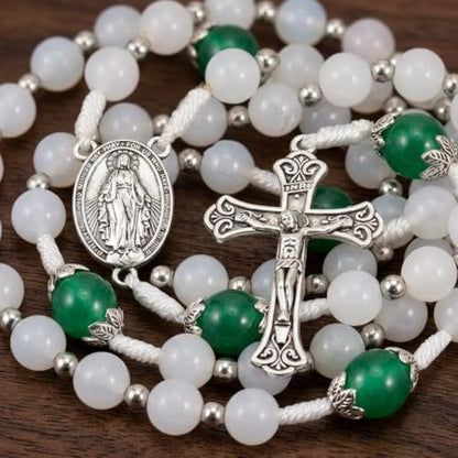 Nazareth Store 8mm White Jade & 10mm Natural Stone Beads Rosary Necklace St. Miraculous Medal & Cross Crucifix Catholic Prayer Beads Religious Jewelry - color: Green Jade