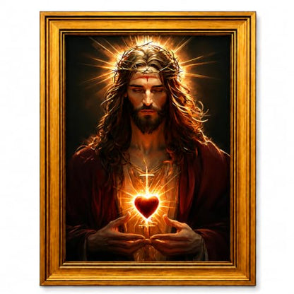 Sacred Heart of Jesus Gold Framed Canvas Wall Art, 12x16 Inch - color: Black And White-8, size: 16"L x 12"W