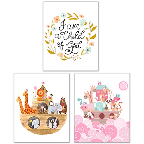 Christian nursery wall art, Christian posters for girls, religious posters for kids, biblical poster prints, child of god decor - Set of 3 (8 inches by 10 inches) Pink Noah's Ark