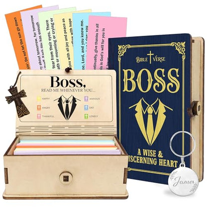 Boss Bible Verse Box, 150 Bible Verse Cards in Box, Christian Appreciation Gift for Boss, Thank You Gifts, Faith Encouragement Keepsake for Men, Wooden Storage Box - color: Boss
