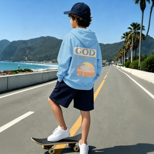 Fkatuzi Christian Graphic Hoodies For Boys Jesus God Is Good Hoodie Kids Faith Verse Bible God Religious Beach Pullover Tops - color: Light Blue, size: 7-8 Years
