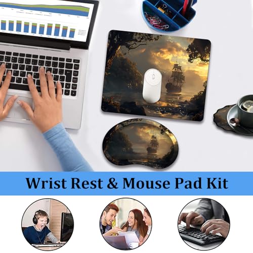 Mouse Pad 9.4"x7.9" + Wrist Support Pad + Embroidered Cup Pad Non-Slip Set, Ergonomic Mouse Wrist Support Pad, Suitable for Office/Gaming/Home Use, Pirate Ship - color: Pirate Ship