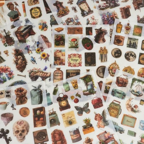 Large 24 Sheets Pre-Cut Journal Sticker Book for Junk Journal Supplies, 452pcs Vintage Washi Stickers for Journaling, Scrapbooking, Collage Materials, Bujo, Planners, Art Crafts - color: Retro Time