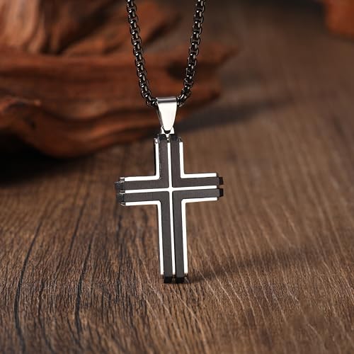 Wooden Cross Necklace for Men, Natural Ebony Mens Cross Necklaces Black Stainless Steel Christian Wood Crucifix Pendant，with Necklace 24" Box Chain - color: Silver-Inlaid Ebony