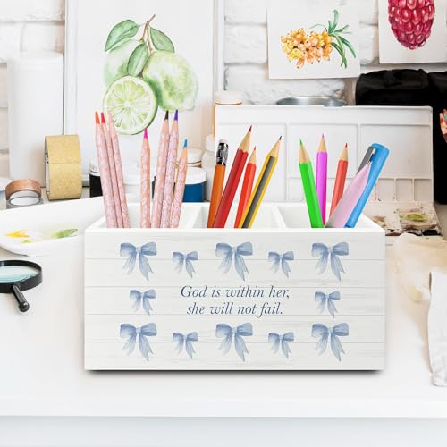 Blue Coquette Bow Christian Pen Pencil Holder Organizer for Desk, Preppy Desk Decor, Christian Gifts for Women, Bible Verse Wooden Box Sign for Girly Room Bedroom Dorm Tabletop Decorations - color: colour 09
