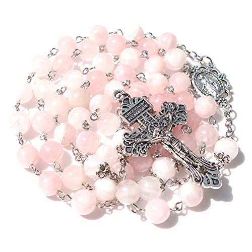 Rosary Beads Chaplet Purple Natural Amethyst Crystal Rosery Cross Catholic gifts - color: Pink