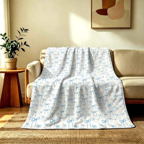 Light Blue Throw Blanket, Pink Bow Blanket, Cute Bow Decor Throw Blanket for Girls Room, Soft Cozy Decorative Blanket, 60 x 80 Inch - color: Blue Bow, size: 60*80IN