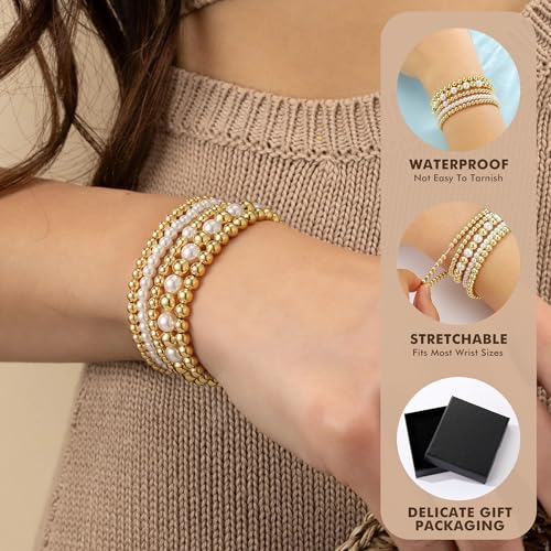 Yoosteel Gold Beaded Bracelets for Women Teen Girls, Gold Plated Jewelry - color: Bead (4mm) + Pearl (6/10mm) - 6pcs
