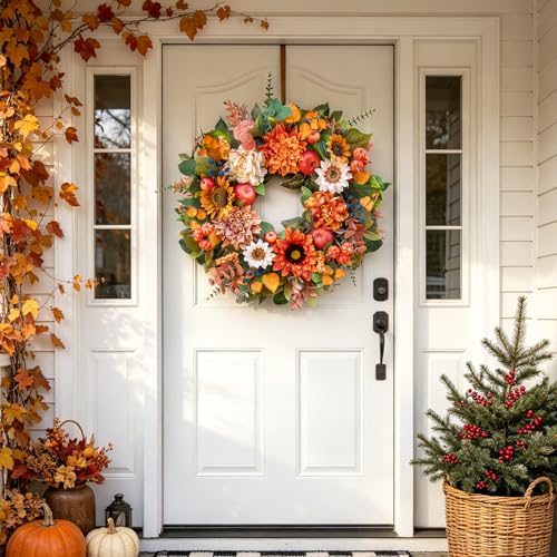 24 Inch Fall Wreaths for Front Door, Apple Wreath Artificial Autumn Wreath - color: Orange3