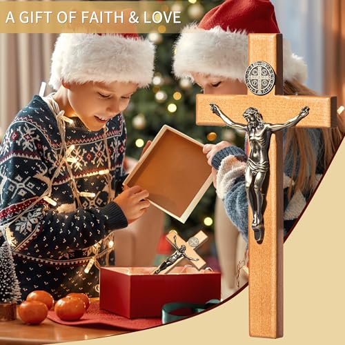 ACHIBANG Crucifix Wall Cross, 10in Wooden Catholic Jesus St Benedict Decor - size: 10"L x 5"W