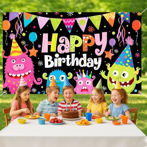 Happy Birthday Backdrop Funny Monster Black Background Photography Background 70.8x43.3in Kids Party Decorations Boys Girls - color: 04, size: 70.8 x 43.3 Inch