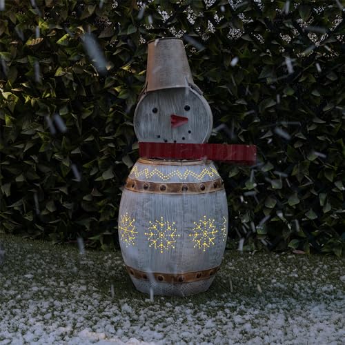 Alpine Corporation 30" Tall Indoor/Outdoor Metal Barrel Snowman Christmas Decoration with LED Lights, Festive Holiday Display, Multi-Color - color: Multi-color
